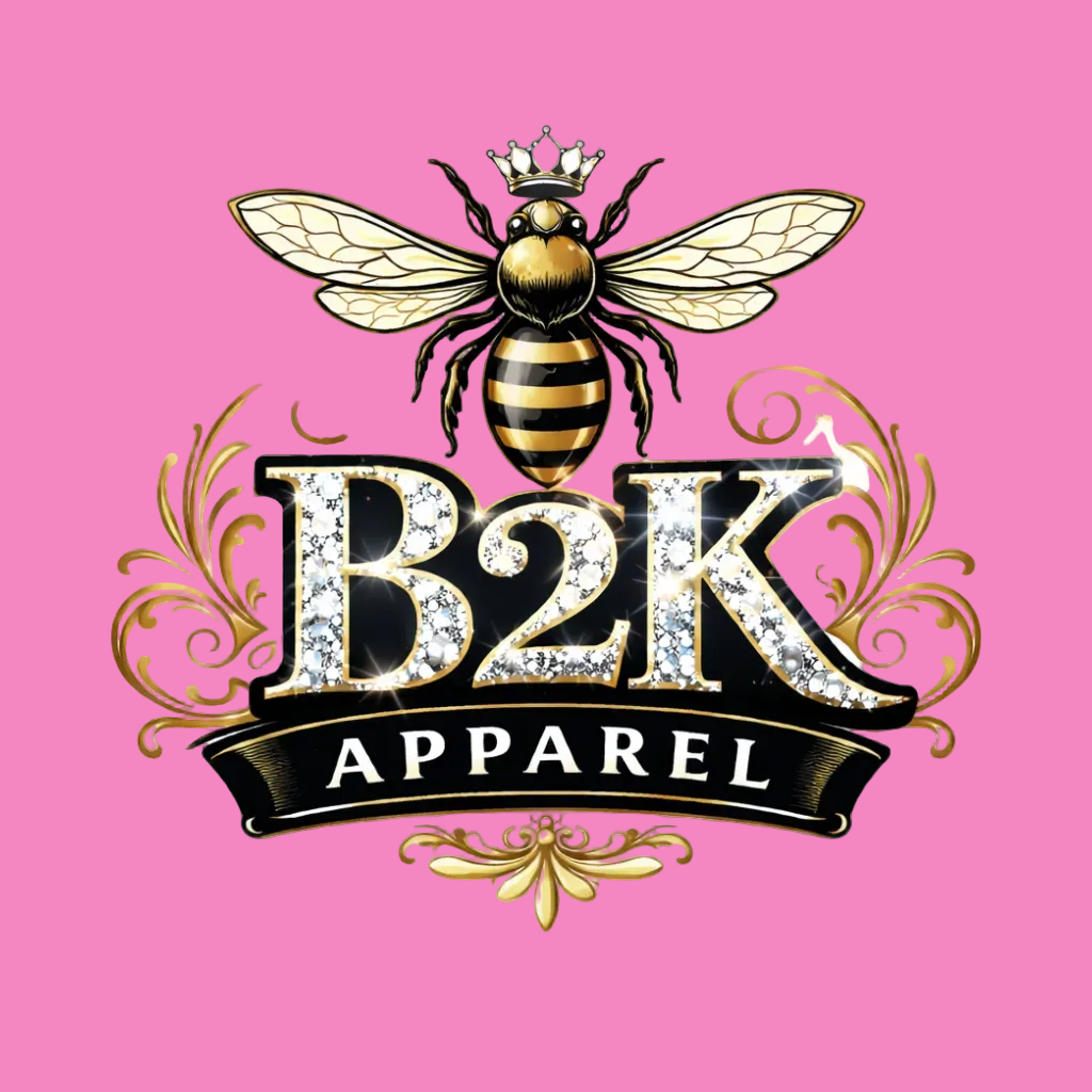 Logo of B2K Apparel with a bee design on a white background